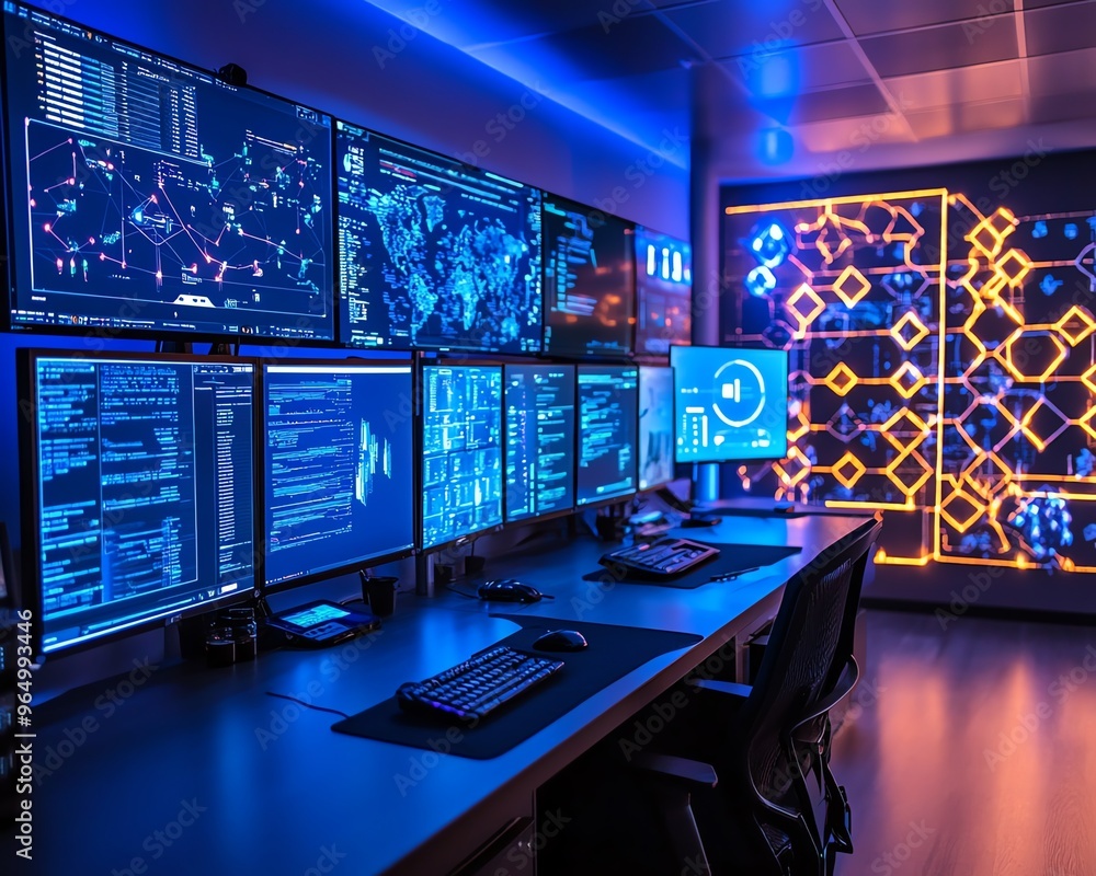 Poster Advanced cyber warfare lab with interactive displays, showing coordinated cyber attacks, defense strategies, and encrypted communication channels