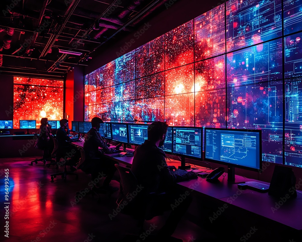 Poster advanced cyber warfare lab with interactive displays, showing coordinated cyber attacks, defense str