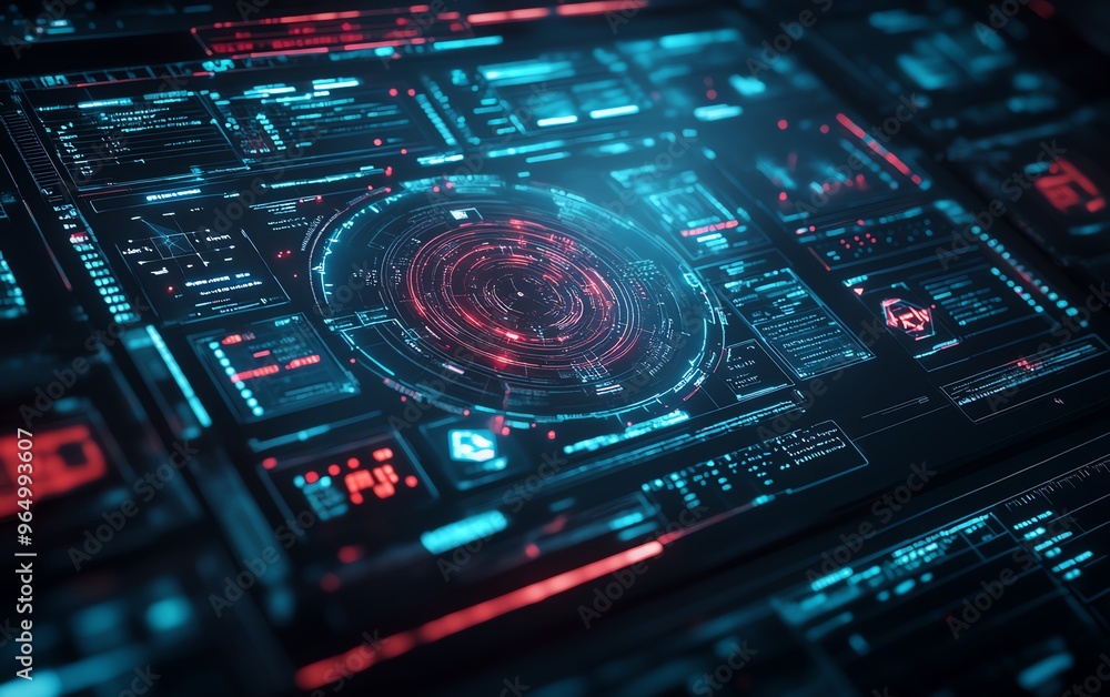 Aufkleber closeup of a cyber warfare interface with detailed visualizations of ongoing attacks, defense respon
