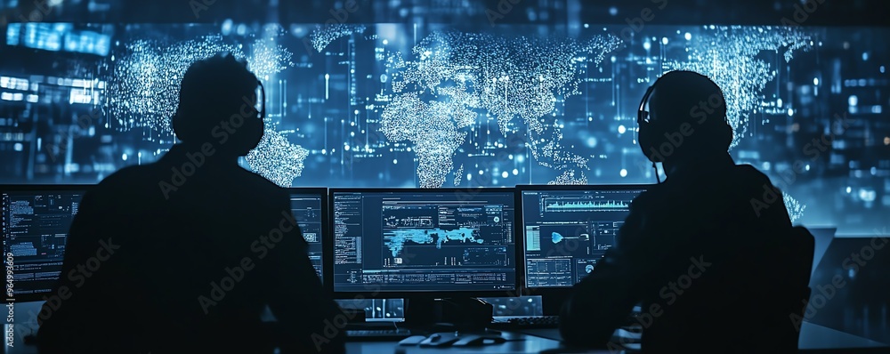 Poster closeup of a cybersecurity team engaged in cyber warfare, featuring sophisticated technology, realti