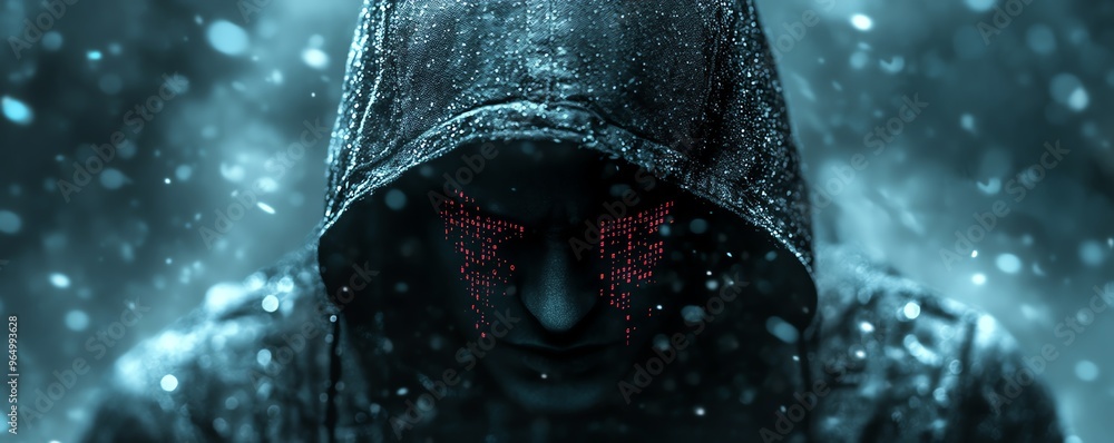 Poster closeup of a hacker s device with malicious code, stolen data files, and a shadowy environment, repr