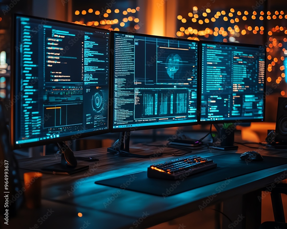 Poster Closeup of a white hat hacker s workstation, featuring ethical hacking software, realtime threat detection, and detailed network security interfaces