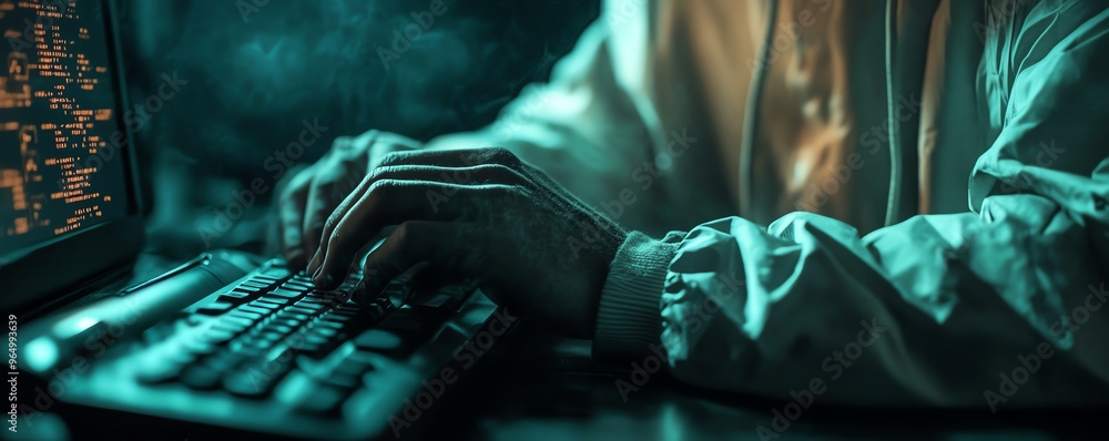 Leinwandbilder closeup of a hacker s device with malicious code, stolen data files, and a shadowy environment, repr