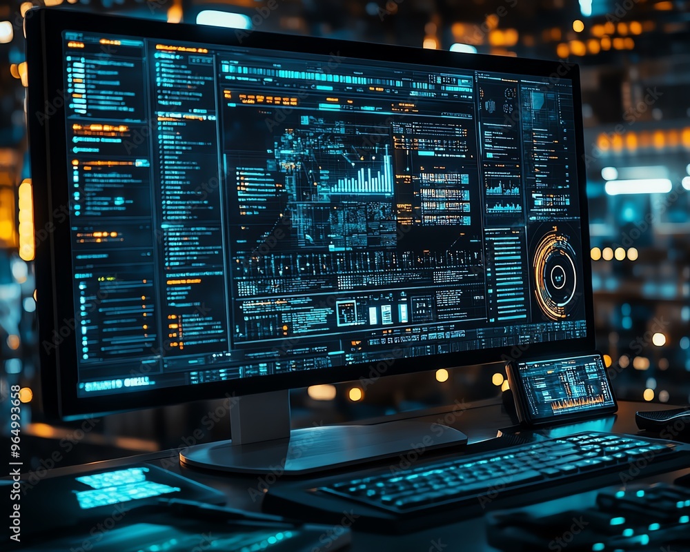 Fototapete closeup of a white hat hacker s workstation, featuring ethical hacking software, realtime threat det