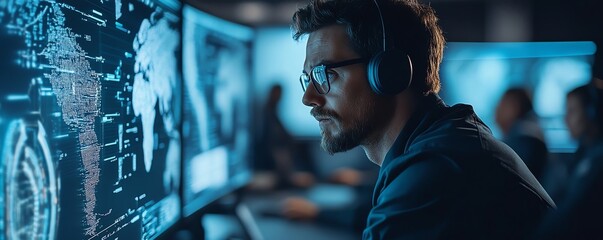 Closeup of a cybersecurity team engaged in cyber warfare, featuring sophisticated technology, realtime threat analysis, and defense mechanisms in action