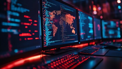Obraz premium Closeup of a zeroday exploit in action, with sophisticated code, unauthorized access, and realtime data breaches displayed on multiple screens