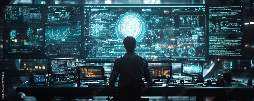 Poster Cybersecurity expert working on a white hat hacking project, displaying secure coding practices, vulnerability scans, and defensive strategies in a futuristic lab