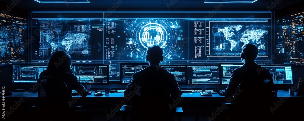 Poster cybersecurity team working on identifying zeroday exploits, with interactive dashboards, realtime th
