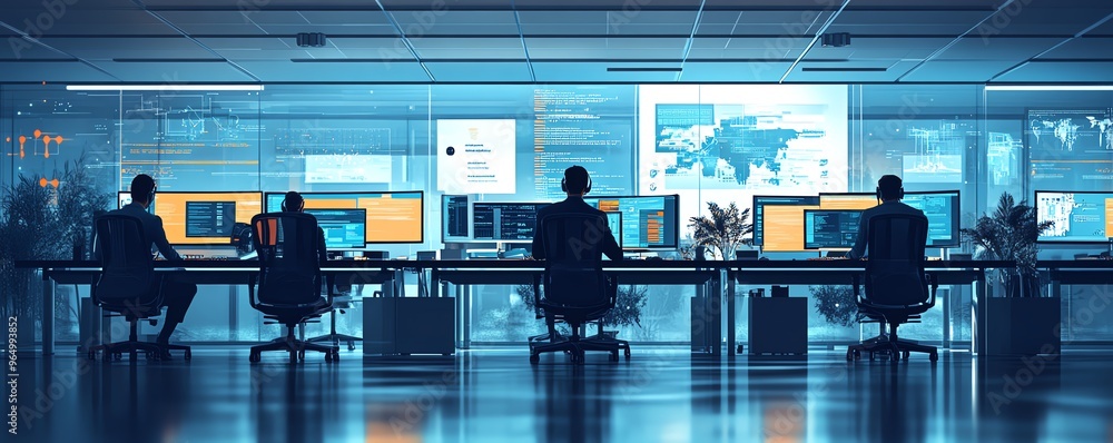 Poster Cybersecurity team working on identifying zeroday exploits, with interactive dashboards, realtime threat analysis, and detailed vulnerability reports