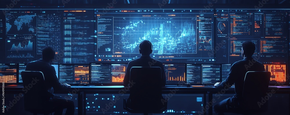 Poster cybersecurity team working on identifying zeroday exploits, with interactive dashboards, realtime th