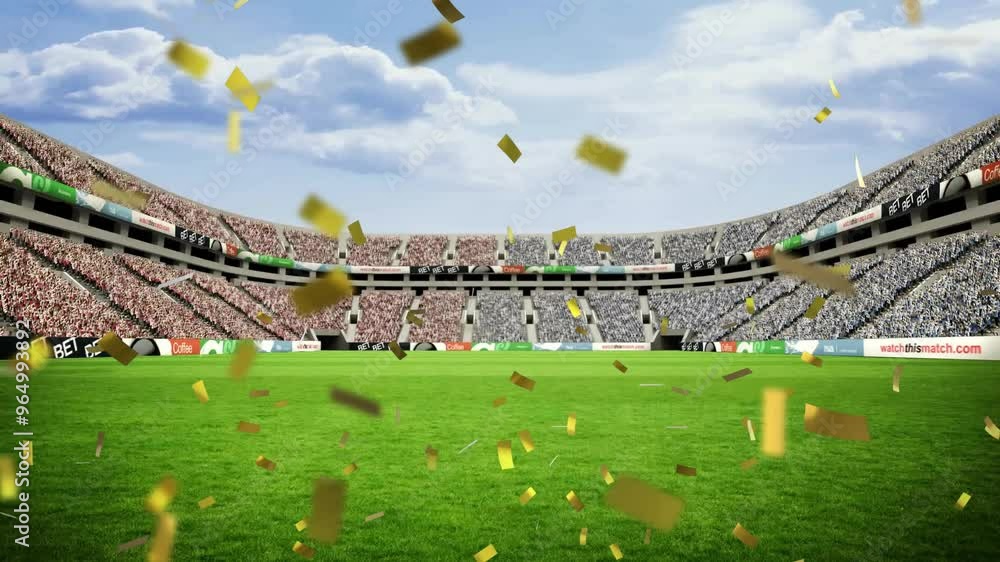 Poster animation of confetti falling over empty stadium