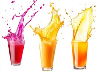 Five Unique Juice Splashes in Dynamic Motion, Isolated on White Background, Highlighting Fluidity and Energetic Movement with Translucent Quality