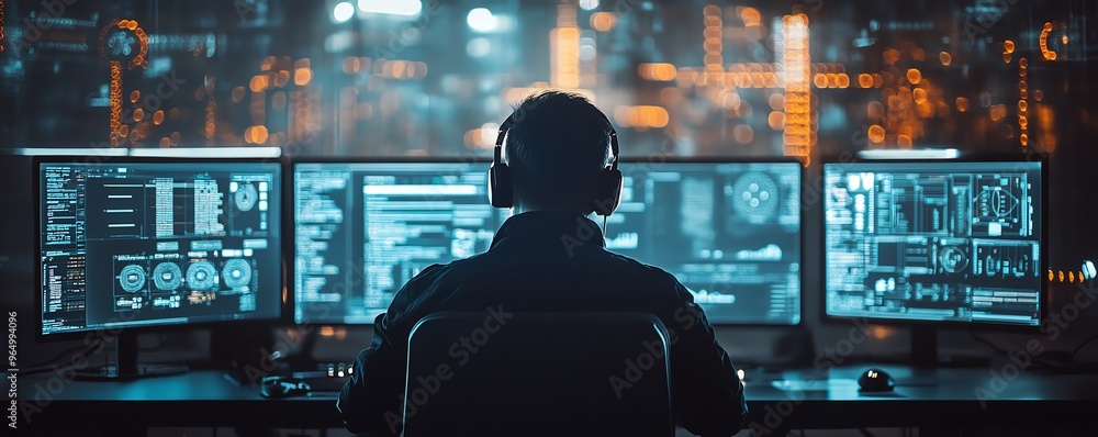 Poster futuristic cybersecurity operation with white hat hackers performing ethical penetration testing, an