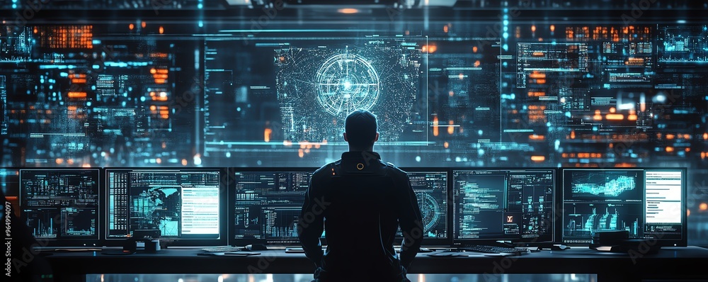 Poster futuristic cybersecurity operation with white hat hackers performing ethical penetration testing, an