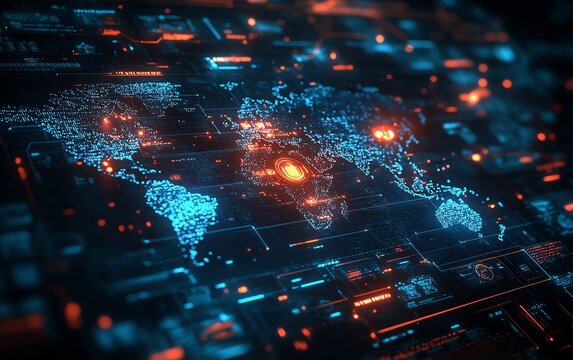Futuristic battlefield of cyber warfare, showcasing advanced hacking tools, encrypted communication, and coordinated cyber attacks on a digital map