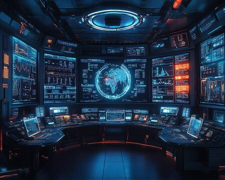 Futuristic control room managing cyber warfare, featuring realtime threat detection, strategic counterattacks, and advanced digital defense systems