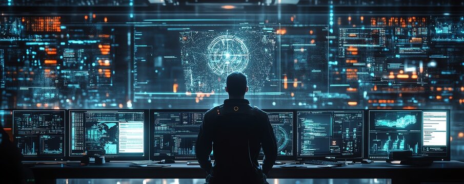 Futuristic cybersecurity operation with white hat hackers performing ethical penetration testing, analyzing threats, and securing systems in a cuttingedge environment
