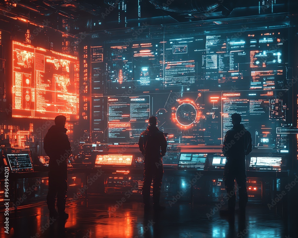 Poster Futuristic scene of a security team investigating zeroday exploits, showcasing advanced analysis tools, encryption breakdowns, and detailed digital interfaces