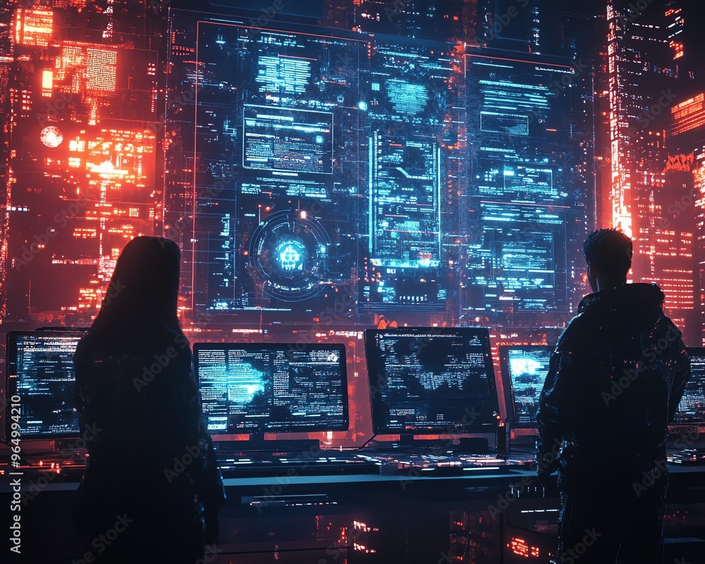Poster Futuristic scene of a security team investigating zeroday exploits, showcasing advanced analysis tools, encryption breakdowns, and detailed digital interfaces