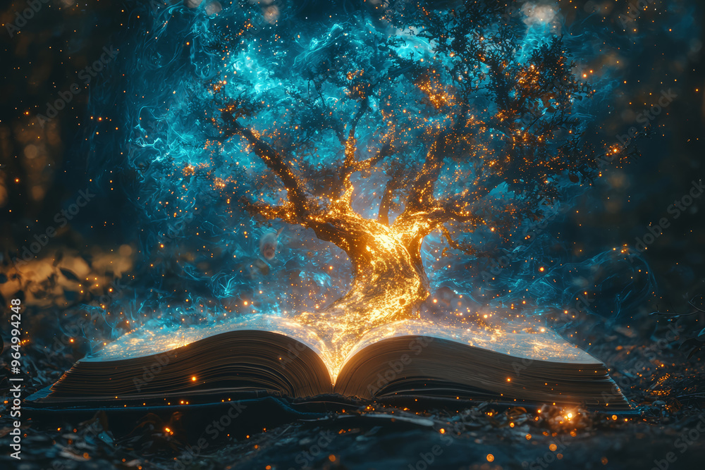 Poster a mind map emerging from an open book, with branches extending into a galaxy of ideas and possibilit