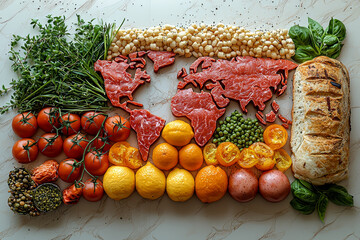 A map of the world made out of different types of food items, with each food item representing a specific statistical fact. Concept of culinary and geographical data representation.