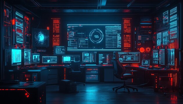 Futuristic white hat hacking lab with advanced cybersecurity tools, secure networks, and ethical hackers analyzing vulnerabilities in a hightech environment