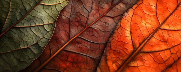 Obraz premium Close-up of Three Overlapping Dried Leaves in Green, Red, and Orange Hues