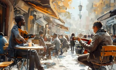 An artist sketching portraits of street musicians in a lively city square, capturing the soulful expressions and passion in their music. Video
