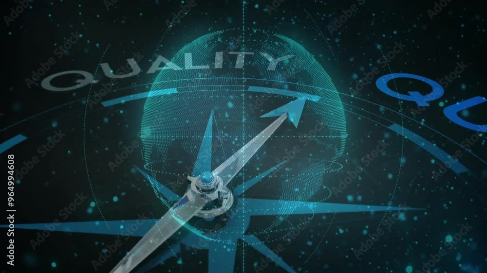 Poster animation of globe with spots over compass with texts on black background