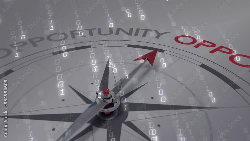Poster animation of data processing over compass with texts on white background