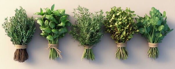 Obraz premium Freshly harvested organic herbs, bunches tied with twine, 3D illustration
