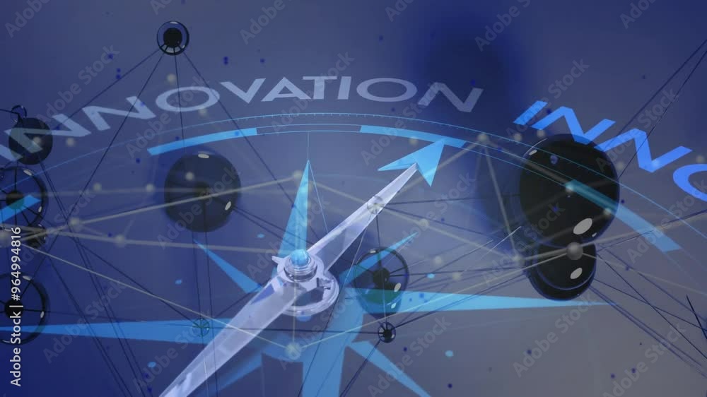 Poster animation of network of connections over compass with texts on blue background