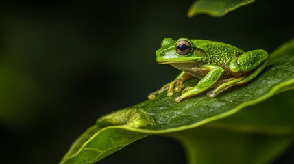 Naklejka premium Green Frog Resting on a Leaf with a Bright Bokeh Background, Showcasing Nature's Vibrant Colors