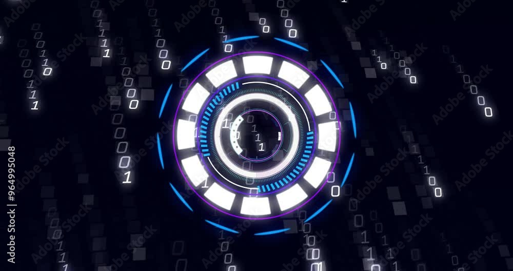 Poster animation of binary coding data processing over scope scanning on black background