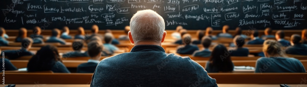 Poster back view of professor in front of a chalkboard classroom with students engaged in discussion and le