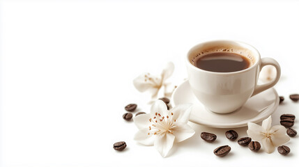 Fototapeta premium A white coffee cup with a flower on top of it. The cup is filled with coffee and has some coffee grounds on the rim