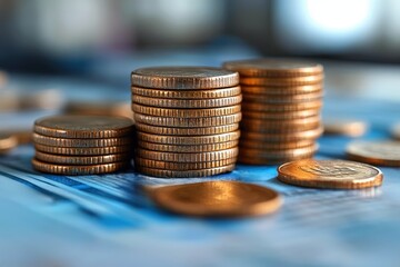 Building Towards Wealth: Stacks of copper coins rise against a backdrop of financial data, embodying growth and the pursuit of prosperity. 