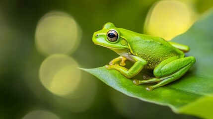 Obraz premium Green Frog Resting on a Leaf with a Bright Bokeh Background, Showcasing Nature's Vibrant Colors