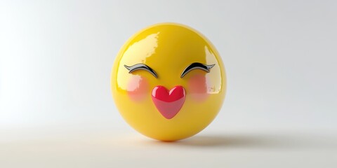 A joyful 3D face emoji with a bright yellow glossy finish showcases its bold features against a clean white background in ultra high resolution, perfect for creative projects