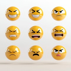 Fototapeta premium Bright and bold 3D emojis showcasing a variety of emotions including happiness, sadness, and seriousness against a clean white background