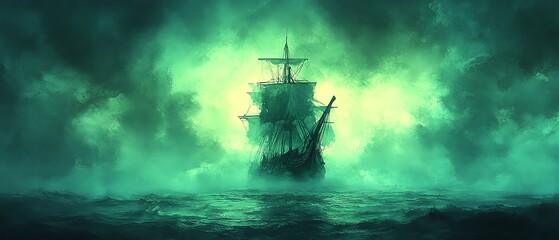 Obraz premium Cursed pirate ship, sailing through an eerie sea of mist, ghostly glow, Watercolor style
