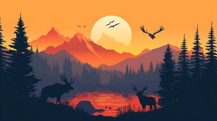Pinetree Jungle Forest Silhouette with Wildlife, Modern Flat Design of Sunrise/Sunset Scene Featuring Eagle, Moose, Dog, Buffalo, Cervid, and Bear.