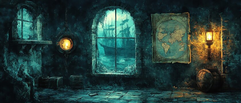 Ghostly pirate captains quarters, dim lantern light, ancient map, Watercolor style