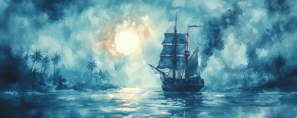 Haunted island, pirate treasure buried under ancient curse, eerie atmosphere, Watercolor style
