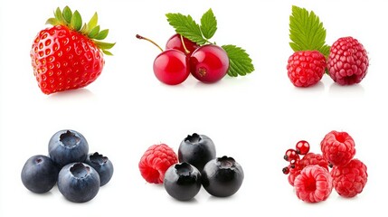 Wild Berries Mix: Strawberry, Raspberry, Currant, Blueberry, Cranberry, and Blackberry Isolated on White Background, Featuring Full Depth of Field and Clipping Path