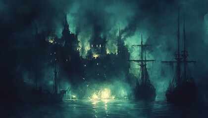 Obraz premium Haunted pirate hideout, glowing treasure, eerie mist, Watercolor style