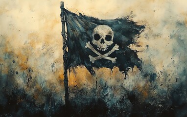 Pirate flag, tattered and waving in the wind, eerie atmosphere, Watercolor style