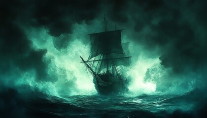 Obraz premium Pirate ghost ship, navigating through cursed waters, spectral glow, Watercolor style