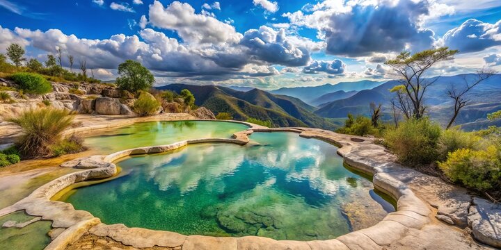 Natural rock formations cradled Oaxaca's tranquil hot spring, where steam rises from sapphire-hued mineral pools,