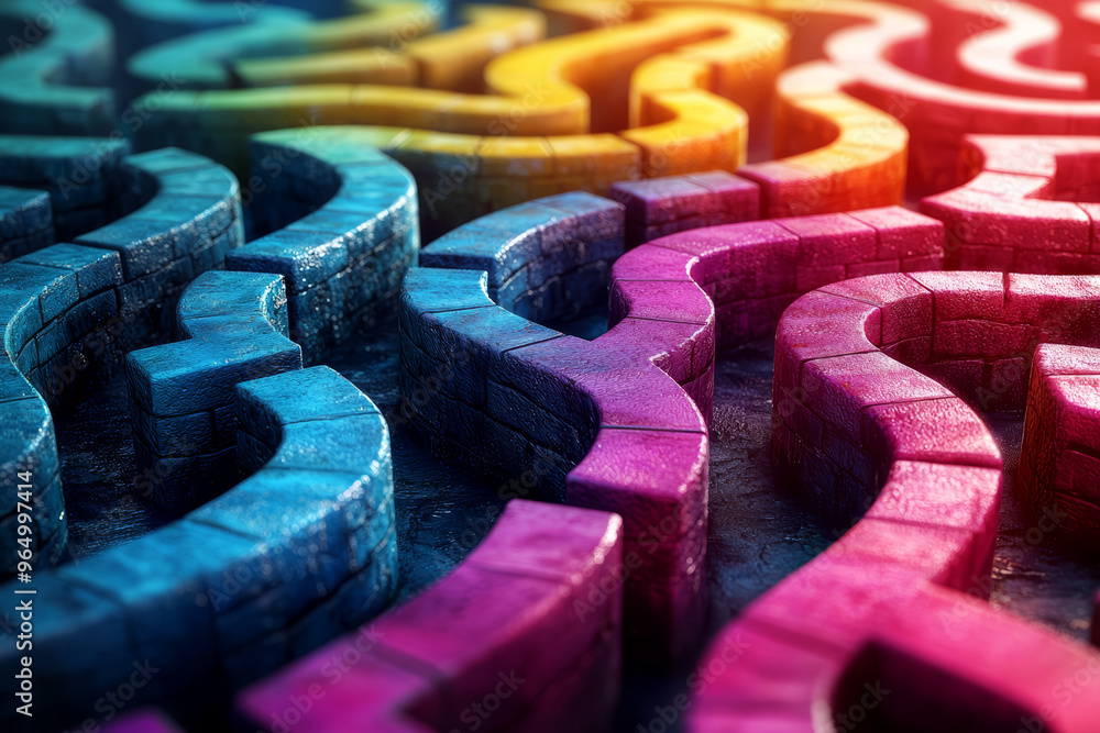 Poster a colorful maze with intricate patterns, representing the complexity and beauty of human thought pro